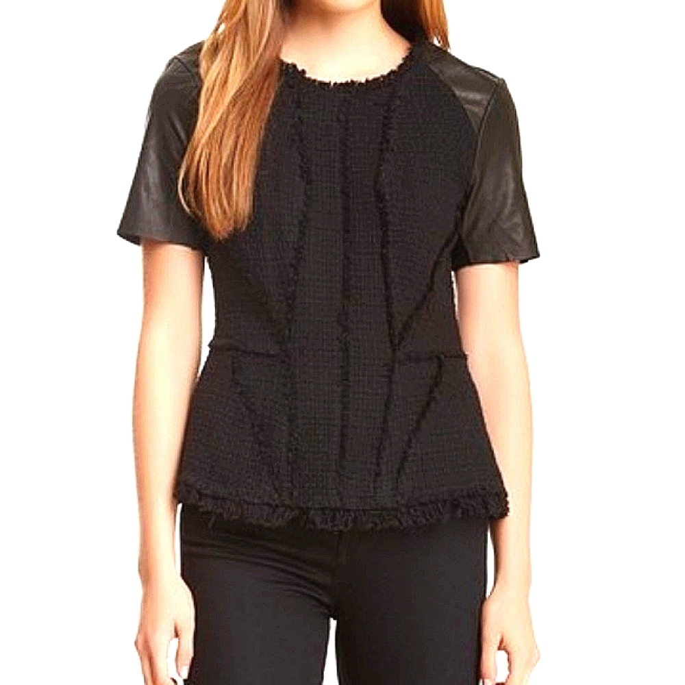 Rebecca Taylor Leather and Tweed Peplum Top Sz 0